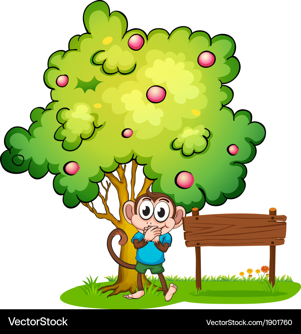 A monkey and an empty signboard under the tree Vector Image