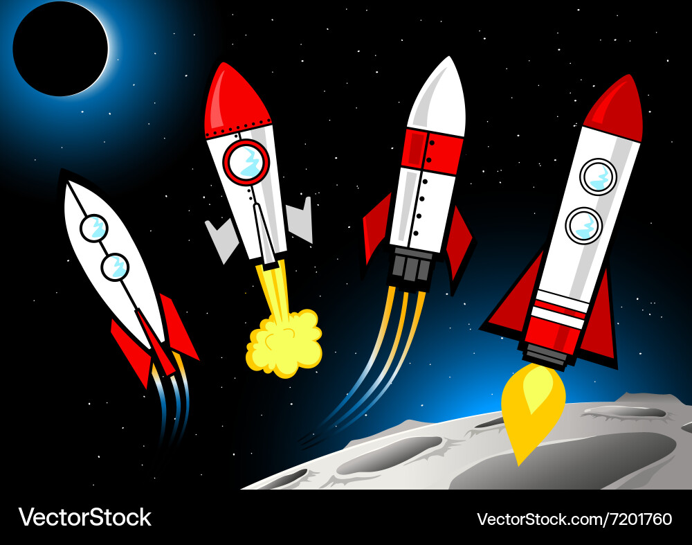 Different rockets types in deep space next to moon vector image