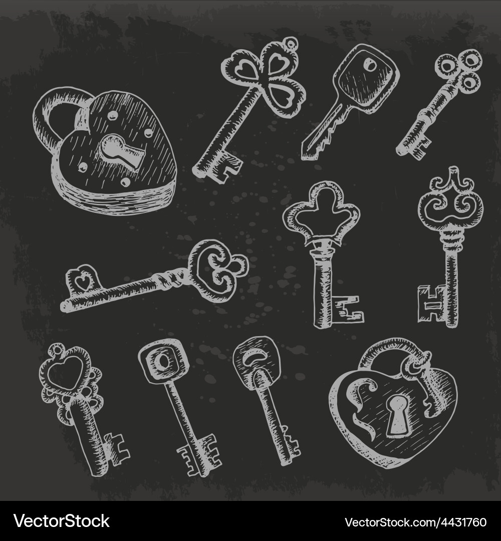 Set of isolated keys in sketch style on dark Vector Image