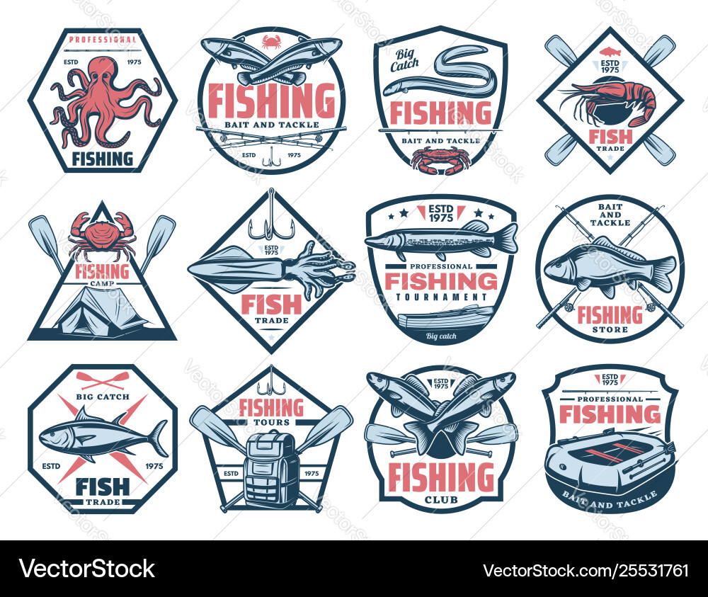 Fishing icons fish and seafood catch tackles Fishing icons fish and seafood catch tackles vector image