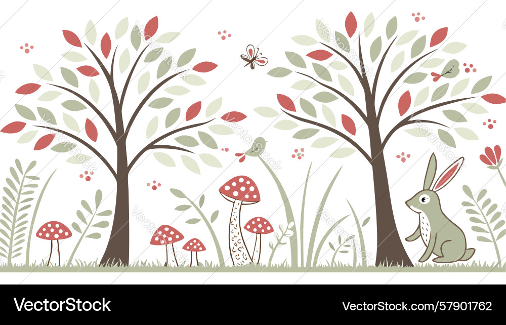 Autumn tree with mushrooms and rabbit rustic Vector Image