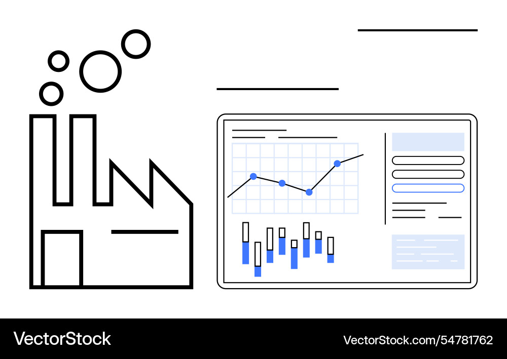 Factory building next to data analytics screen Factory building next to data analytics screen vector image
