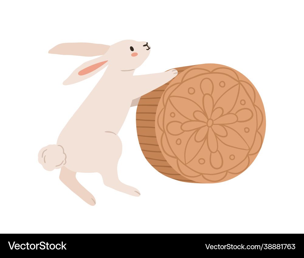Cute rabbit with moon cake for mid-autumn festival Cute rabbit with moon cake for mid-autumn festival vector image