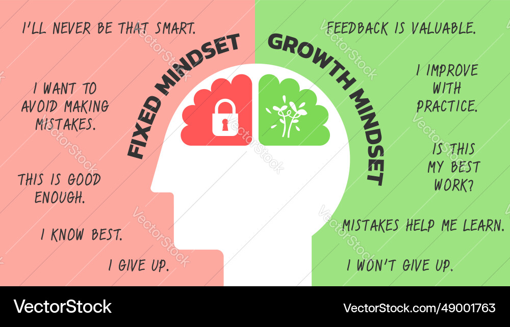 Difference between a fixed vs growth mindset Difference between a fixed vs growth mindset vector image