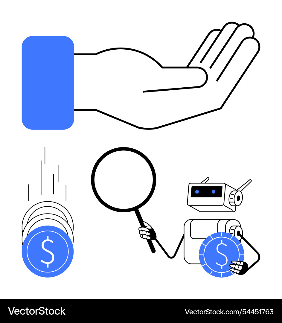Futuristic robot analyzing falling coins and hand Futuristic robot analyzing falling coins and hand vector image
