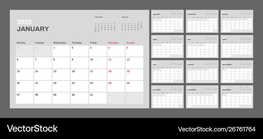 Kalender für 2020 neues Jahr in sauberem minimalem Tisch Kalender für 2020 neues Jahr in sauberem minimalem Tisch vektorbild