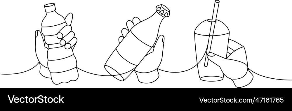 Hands with plastic bottles one line continuous Vector Image
