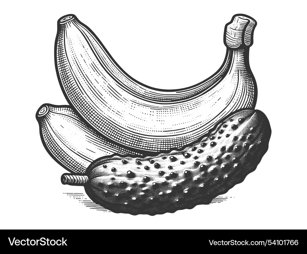Banana and cucumber engraving Vector Image