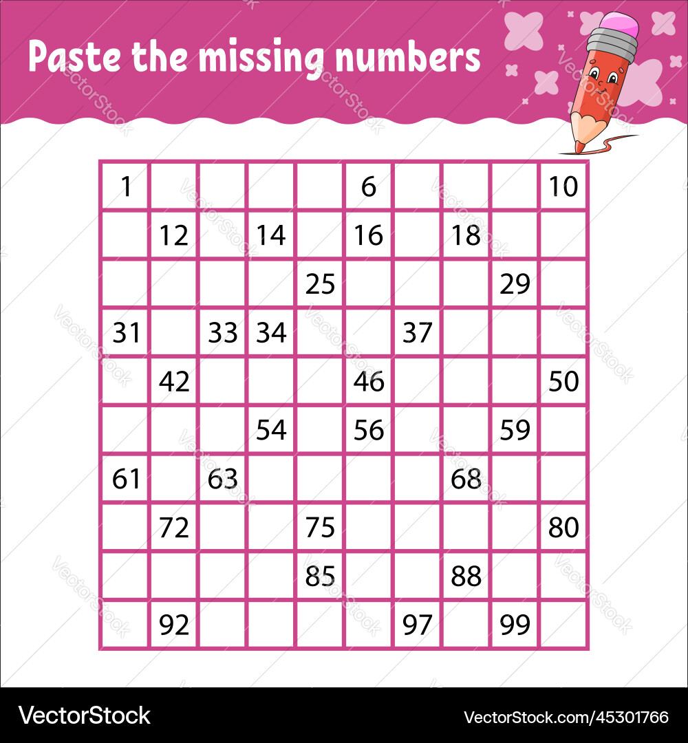 Paste the missing numbers from 1 to 100 Paste the missing numbers from 1 to 100 vector image