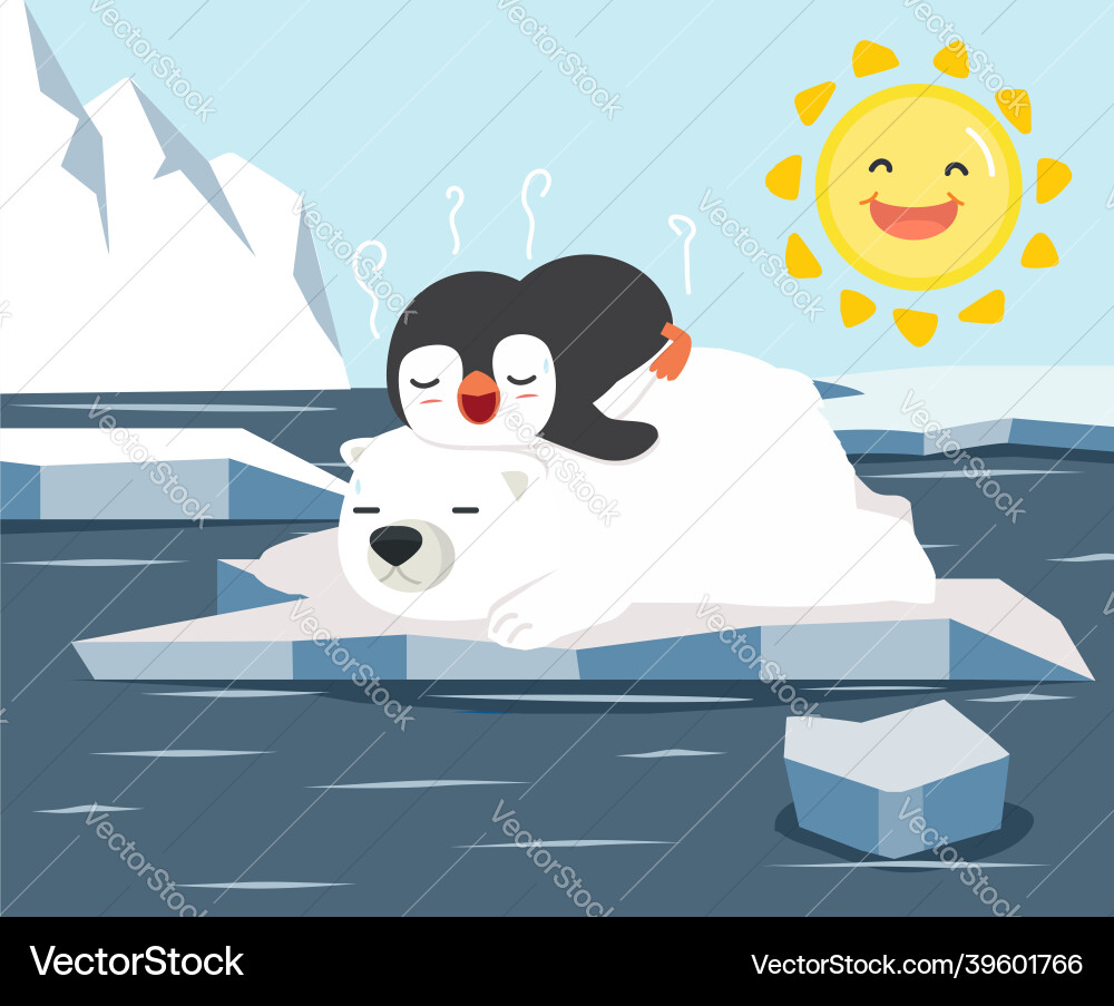 Polar bear with little penguin sleep on ice floe Polar bear with little penguin sleep on ice floe vector image