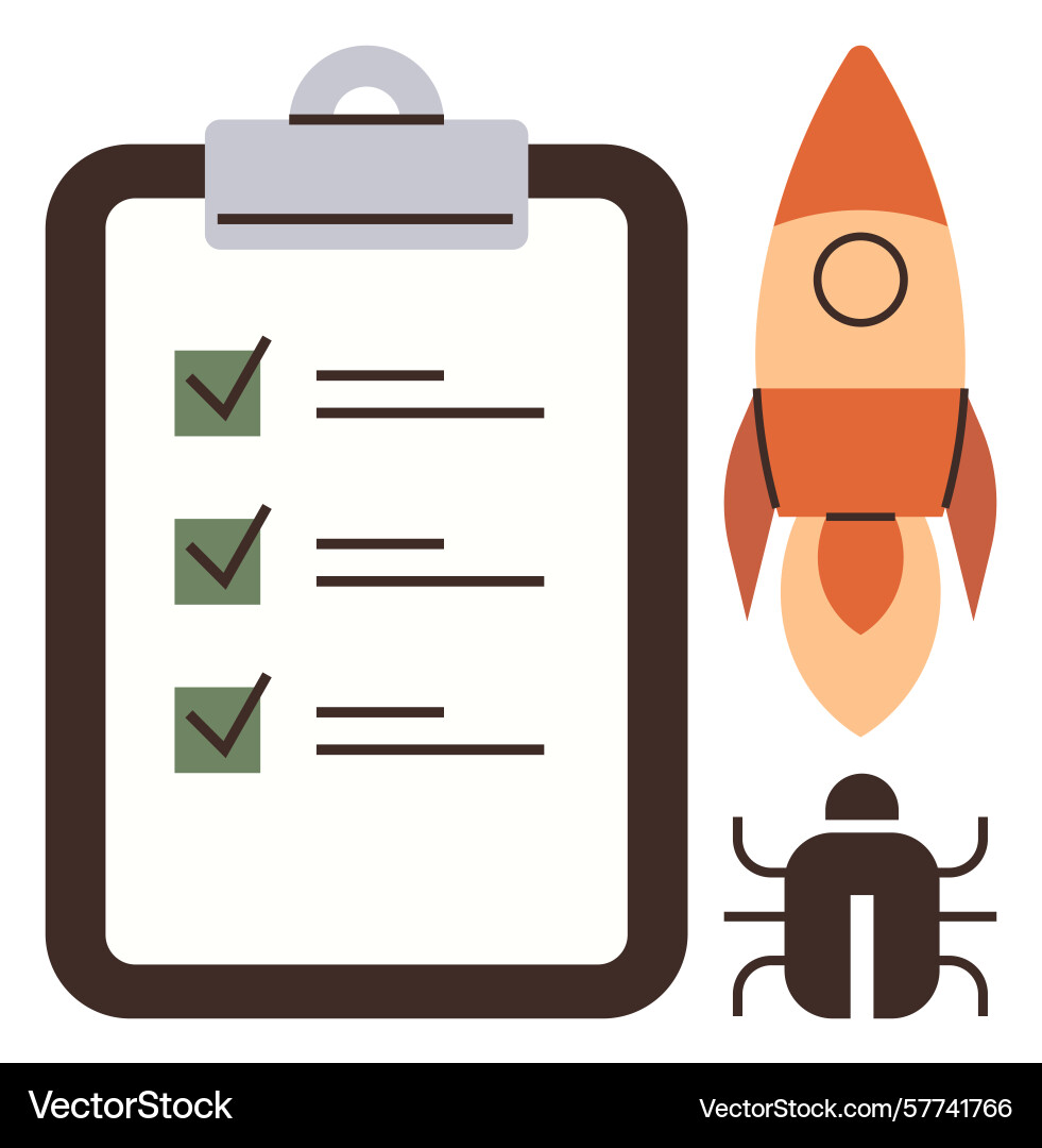 Workflow checklist with rocket launch and Workflow checklist with rocket launch and vector image