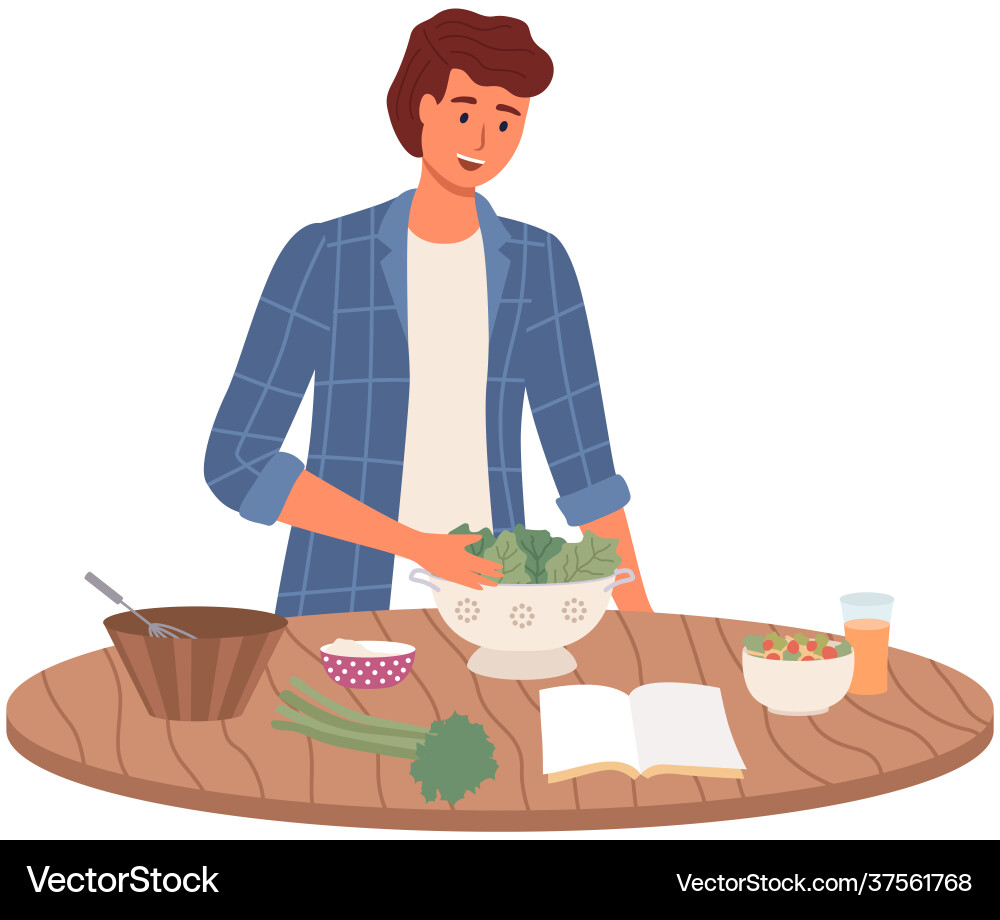 Man is studying culinary cookbook with recipes Vector Image