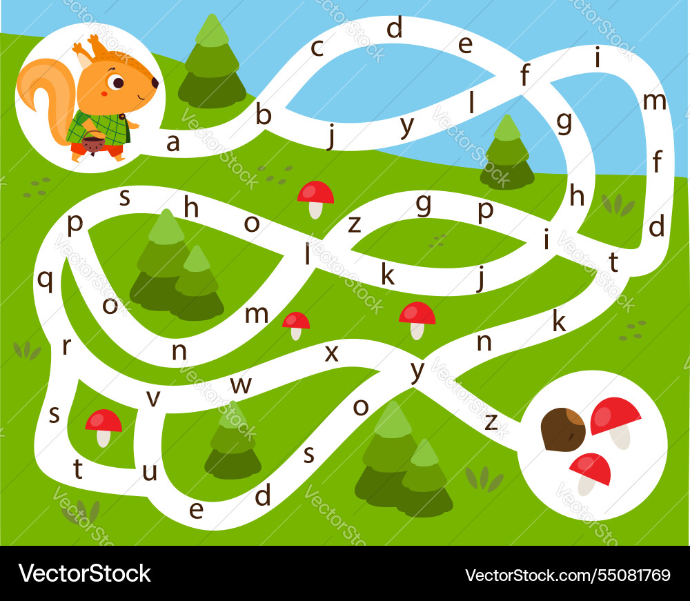Alphabet maze puzzle help squirrel find way Vector Image