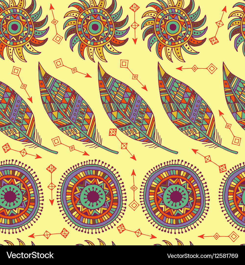 Ethnic seamless pattern with feathers and circles vector image