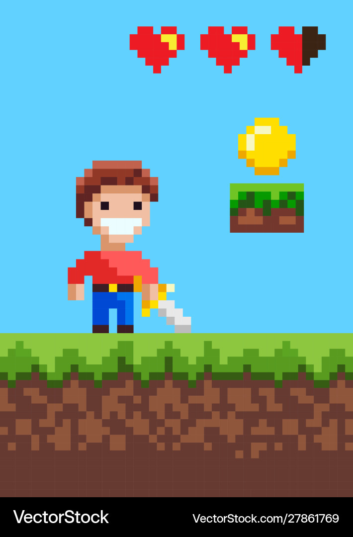 Heroic man character pixel game with sword Vector Image