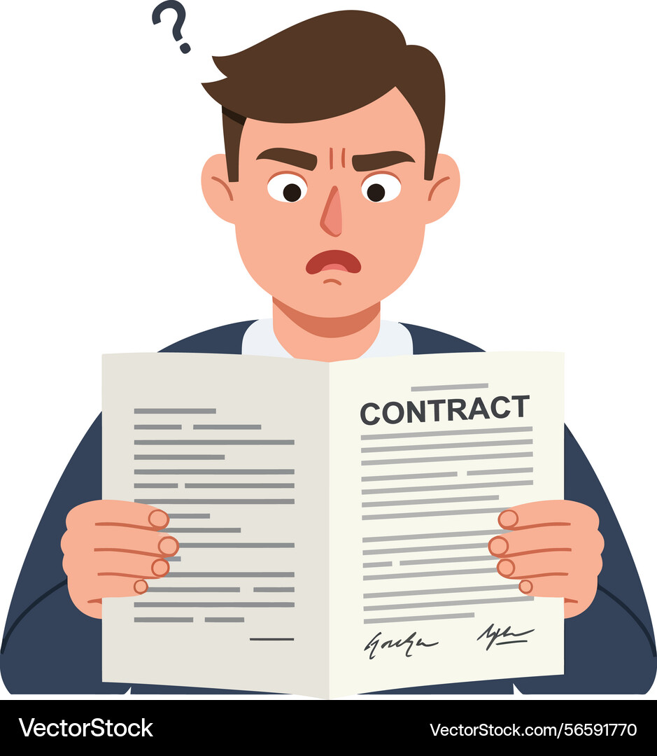 Confused man reading contract document expression Vector Image