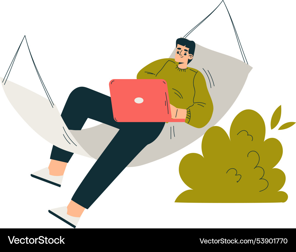 Man character swing on hammock with laptop hang Man character swing on hammock with laptop hang Vector Image