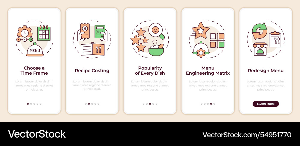 Steps of menu engineering onboarding mobile app Steps of menu engineering onboarding mobile app vector image