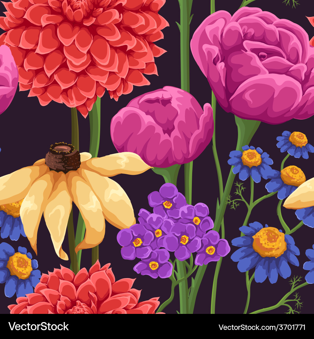 Floral Seamless Pattern - Chamomile & Roses Vector Image