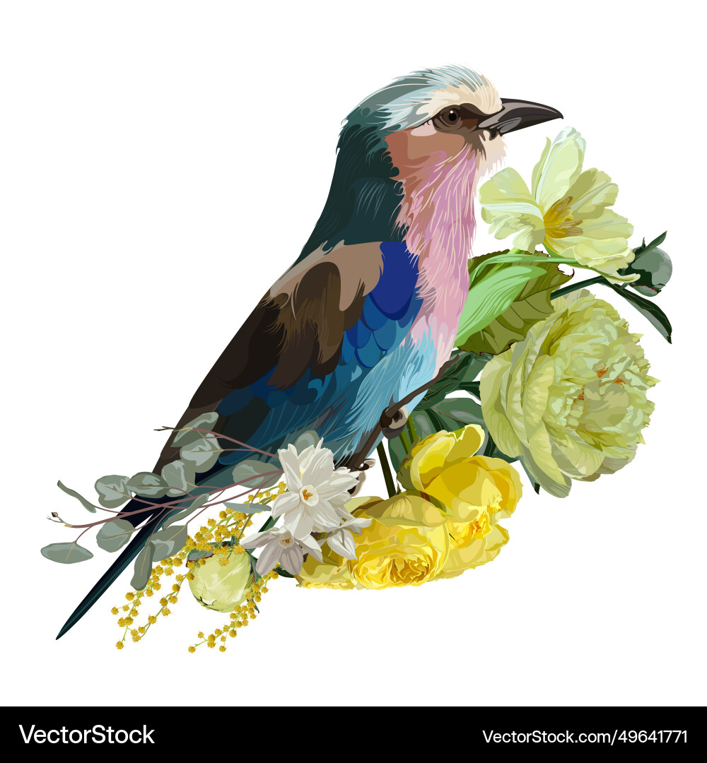 Lilac Roller Bird Blumen Sommer Vektorbild