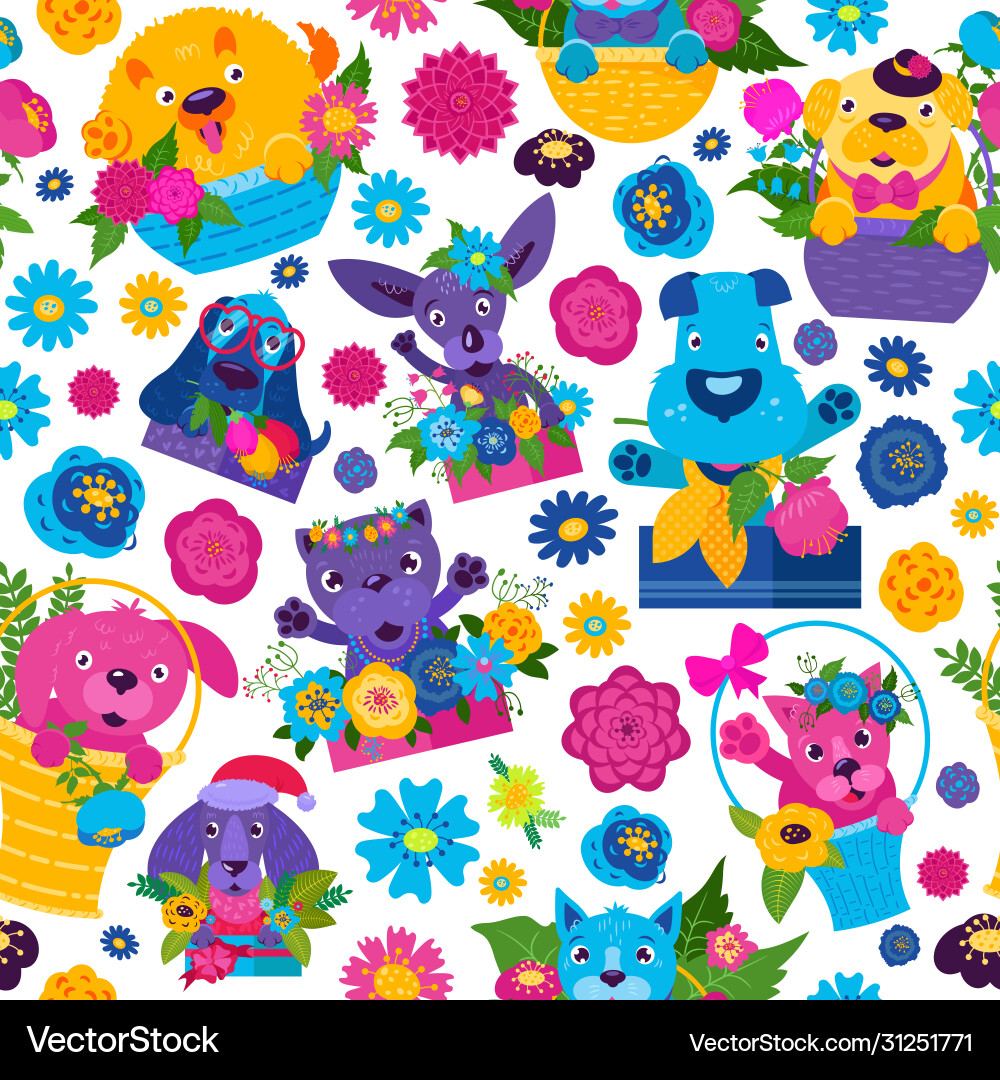 Seamless pattern with dogs cats and bright colors Seamless pattern with dogs cats and bright colors vector image