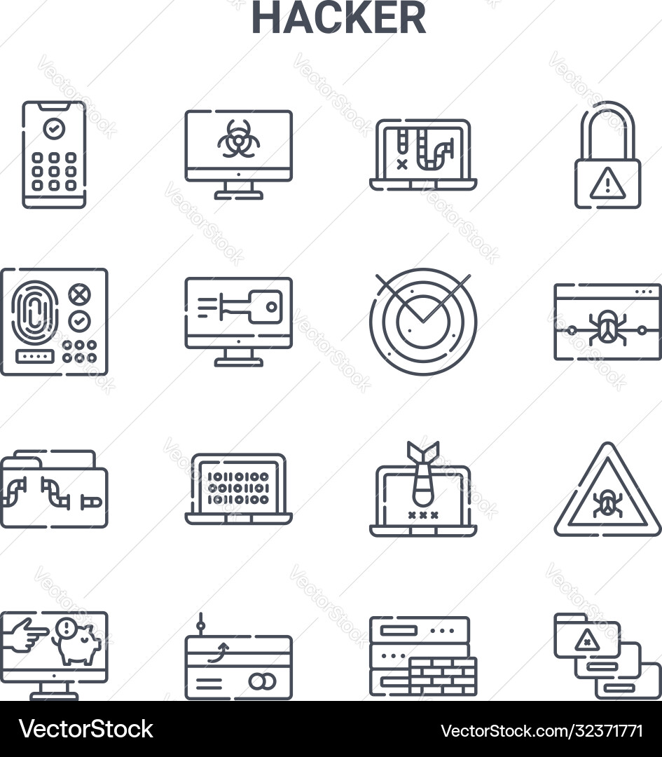 Set 16 hacker concept line icons 64x64 thin Set 16 hacker concept line icons 64x64 thin vector image