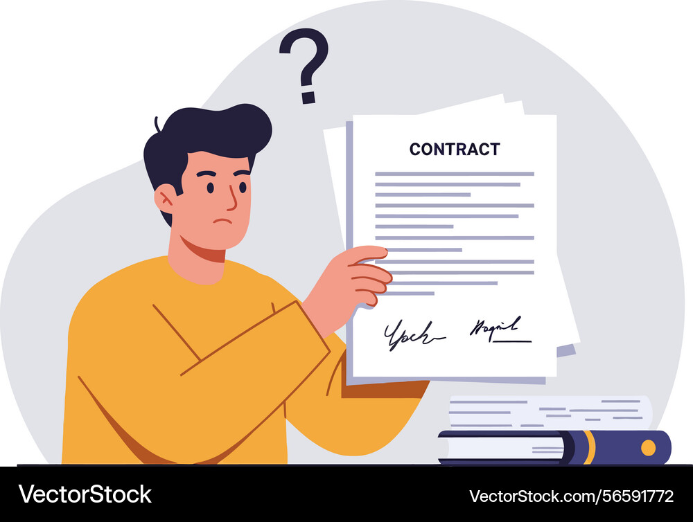 Man holding contract papers with question mark Vector Image
