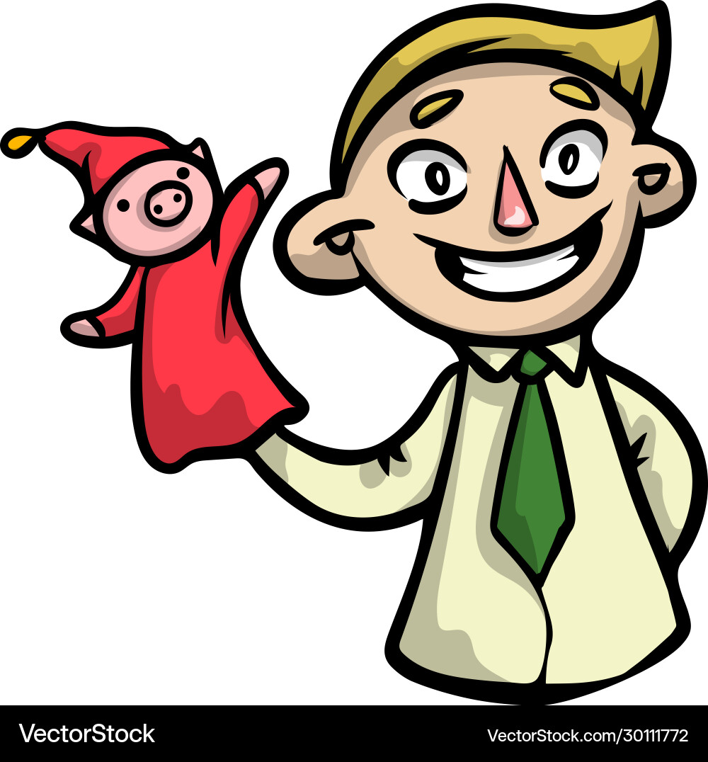 Puppeteer with clown puppet in red clothes raster Puppeteer with clown puppet in red clothes raster vector image