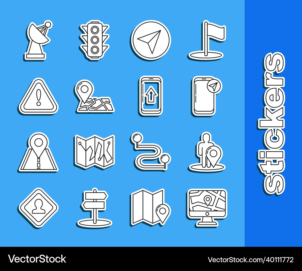 Set line monitor and folded map with location Set line monitor and folded map with location vector image