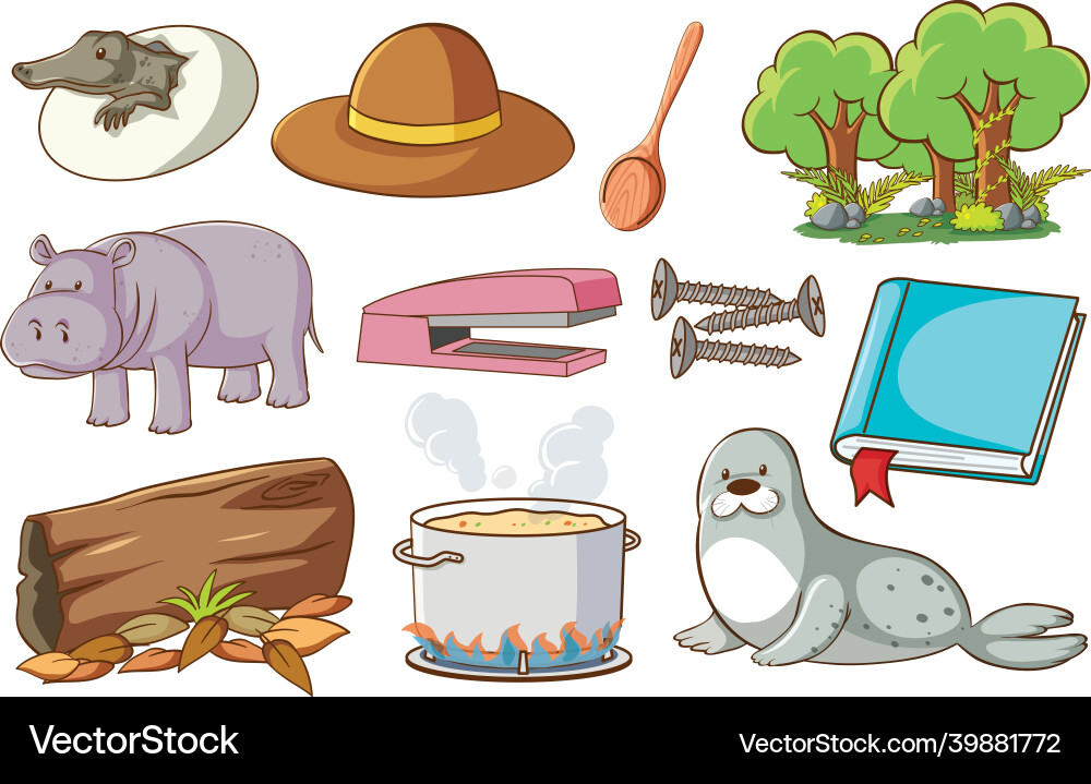 Set of various animals and objects vector image