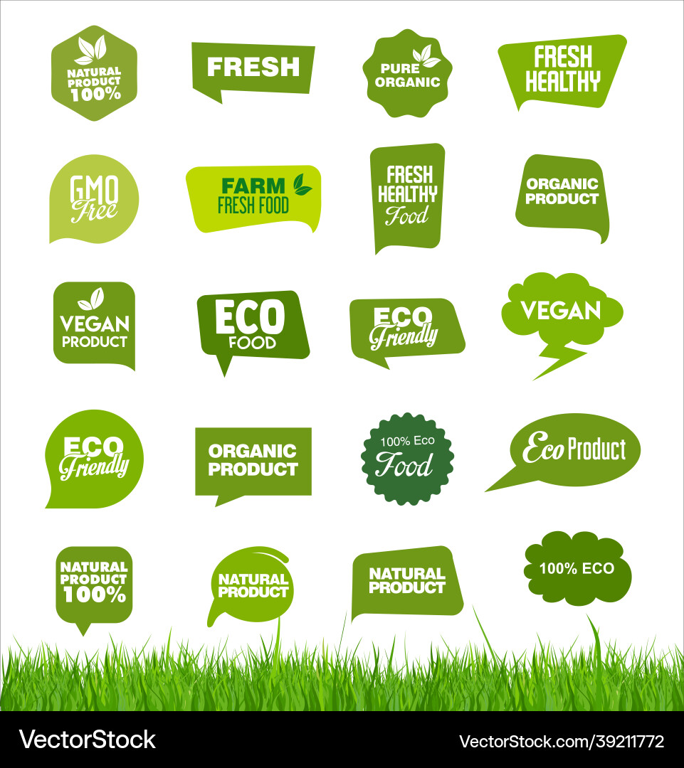 Set von Bio-Frisch-Natur- und leckeren Speisen-Etiketten Set von Bio-Frisch-Natur- und leckeren Speisen-Etiketten vektorbild
