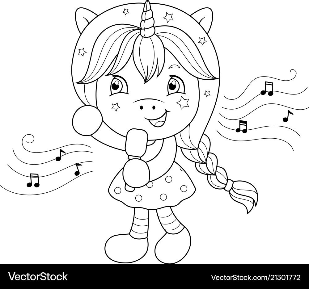 Singing unicorn girl with microphone coloring Singing unicorn girl with microphone coloring vector image