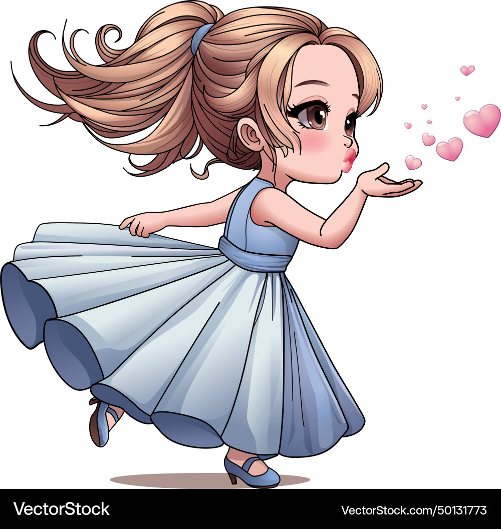 A girl in blue dress sends kiss with hearts Vector Image