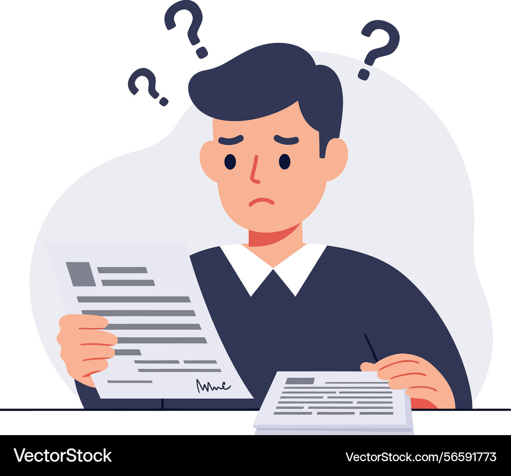 Confused man reading documents with question Vector Image