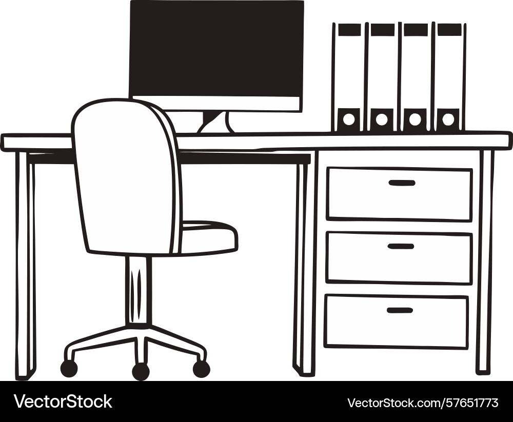 Desk with computer and chair in simple line art Vector Image