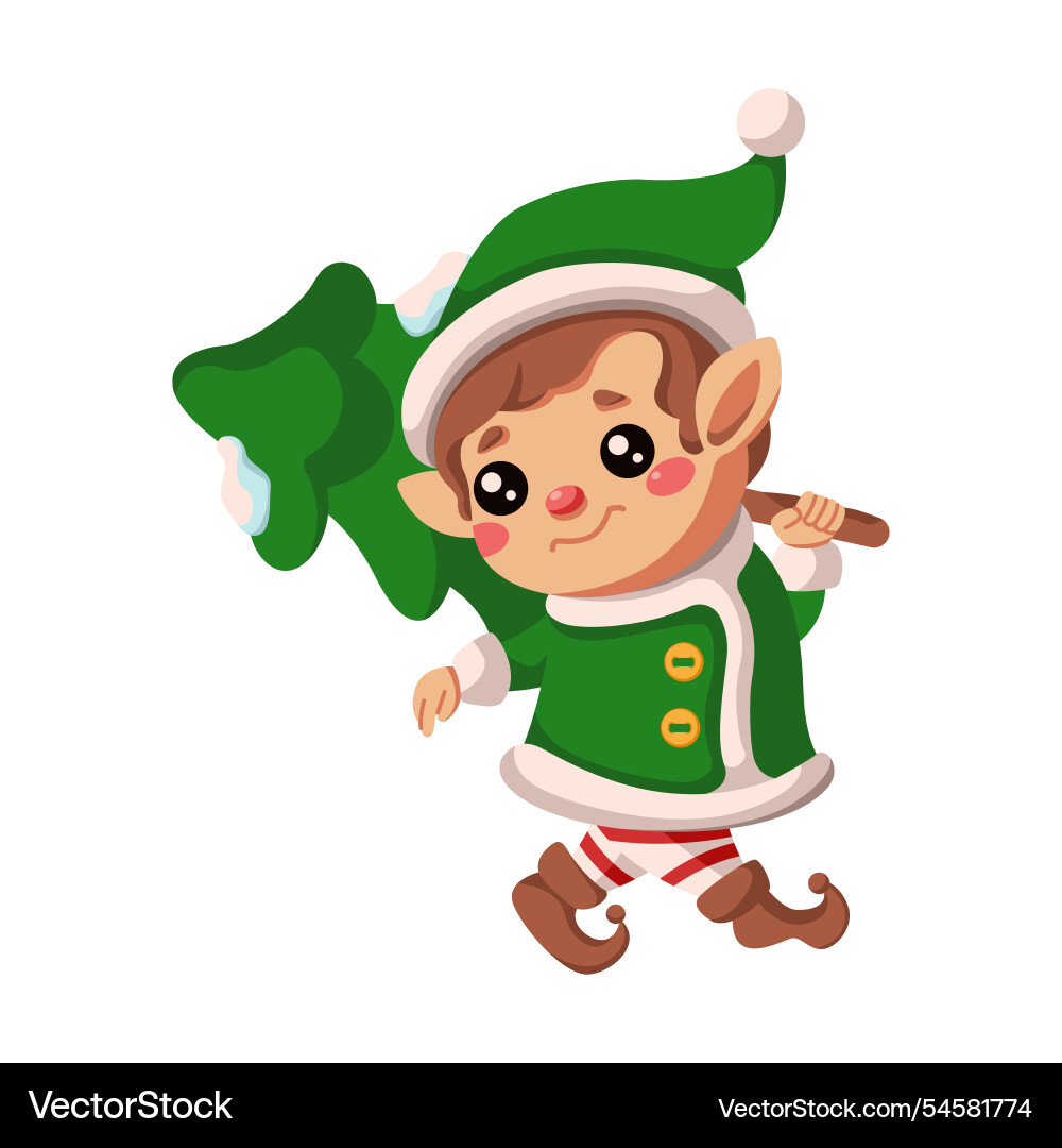 Elf with fir tree form forest flat color character Elf with fir tree form forest flat color character vector image