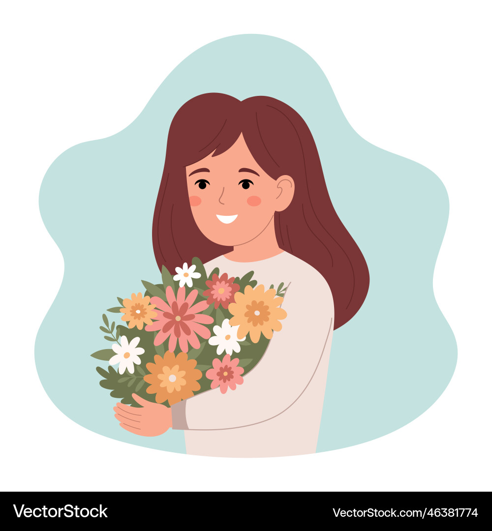 Glückliches Mädchen mit einem Bouquet von Blumen flach Glückliches Mädchen mit einem Bouquet von Blumen flach vektorbild