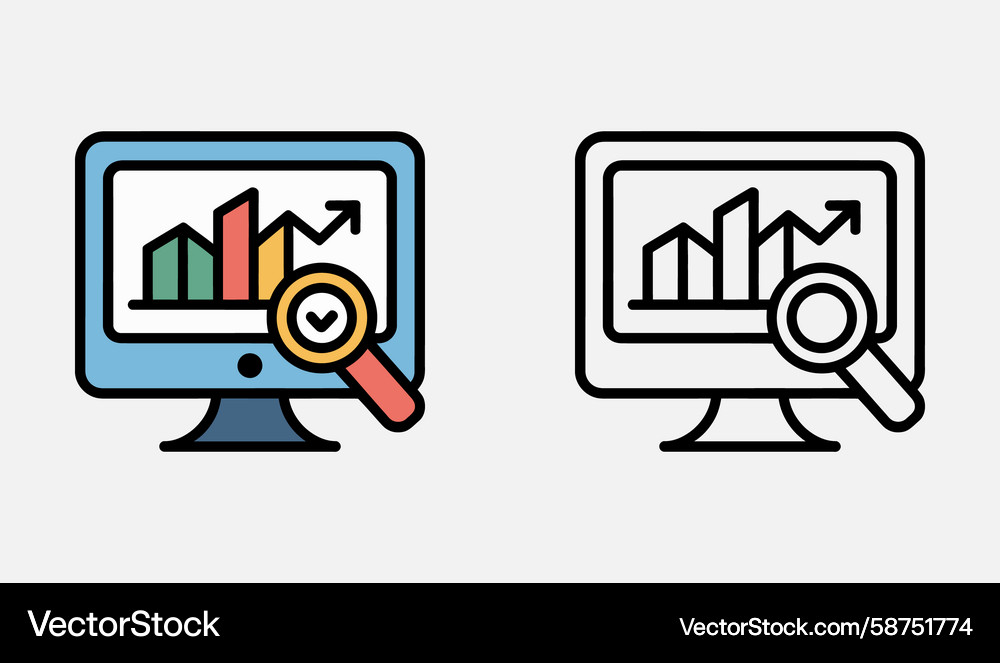 Two Computer Screens with Graph and Magnifying Gla Vector Image