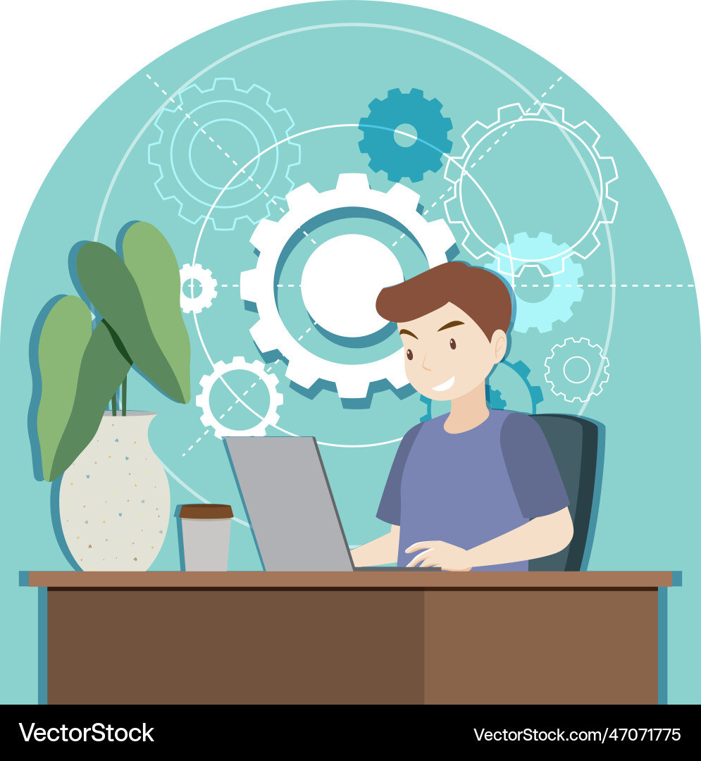 A man working on the table with gears background A man working on the table with gears background vector image