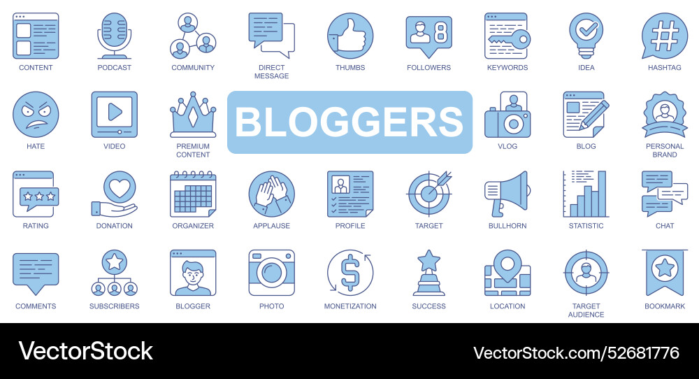 Bloggers icons set in duotone outline stroke Bloggers icons set in duotone outline stroke vector image