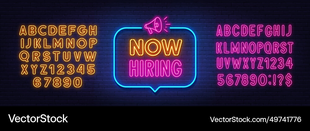 Now hiring neon sign in the speech bubble on brick Now hiring neon sign in the speech bubble on brick vector image