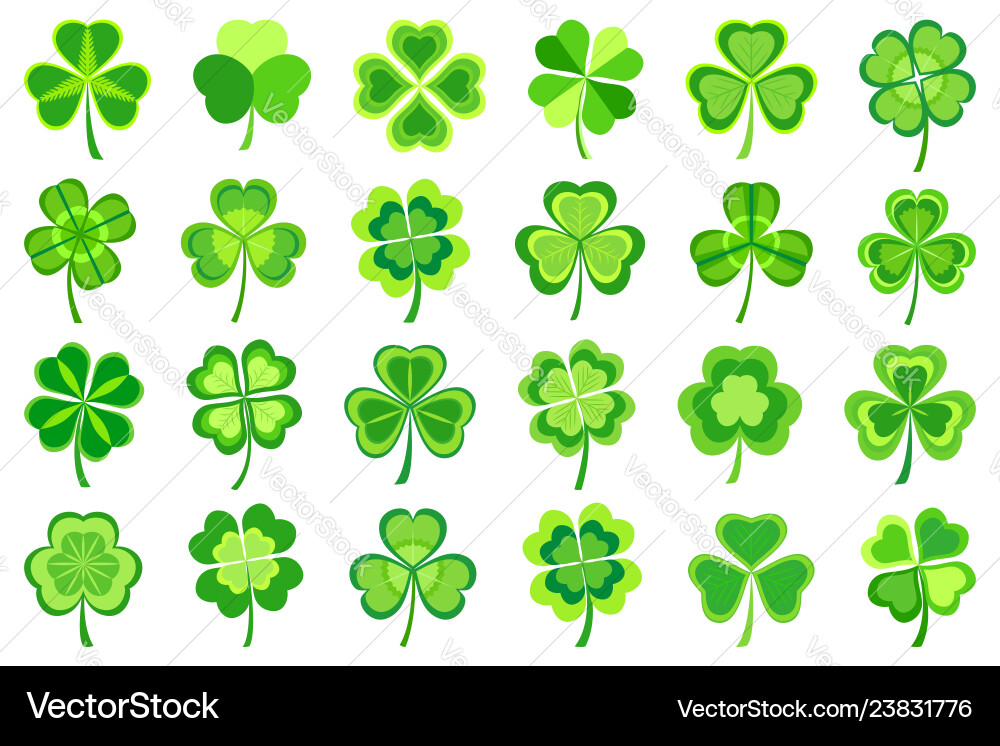 Set of stylized green patricks leaf clover vector image