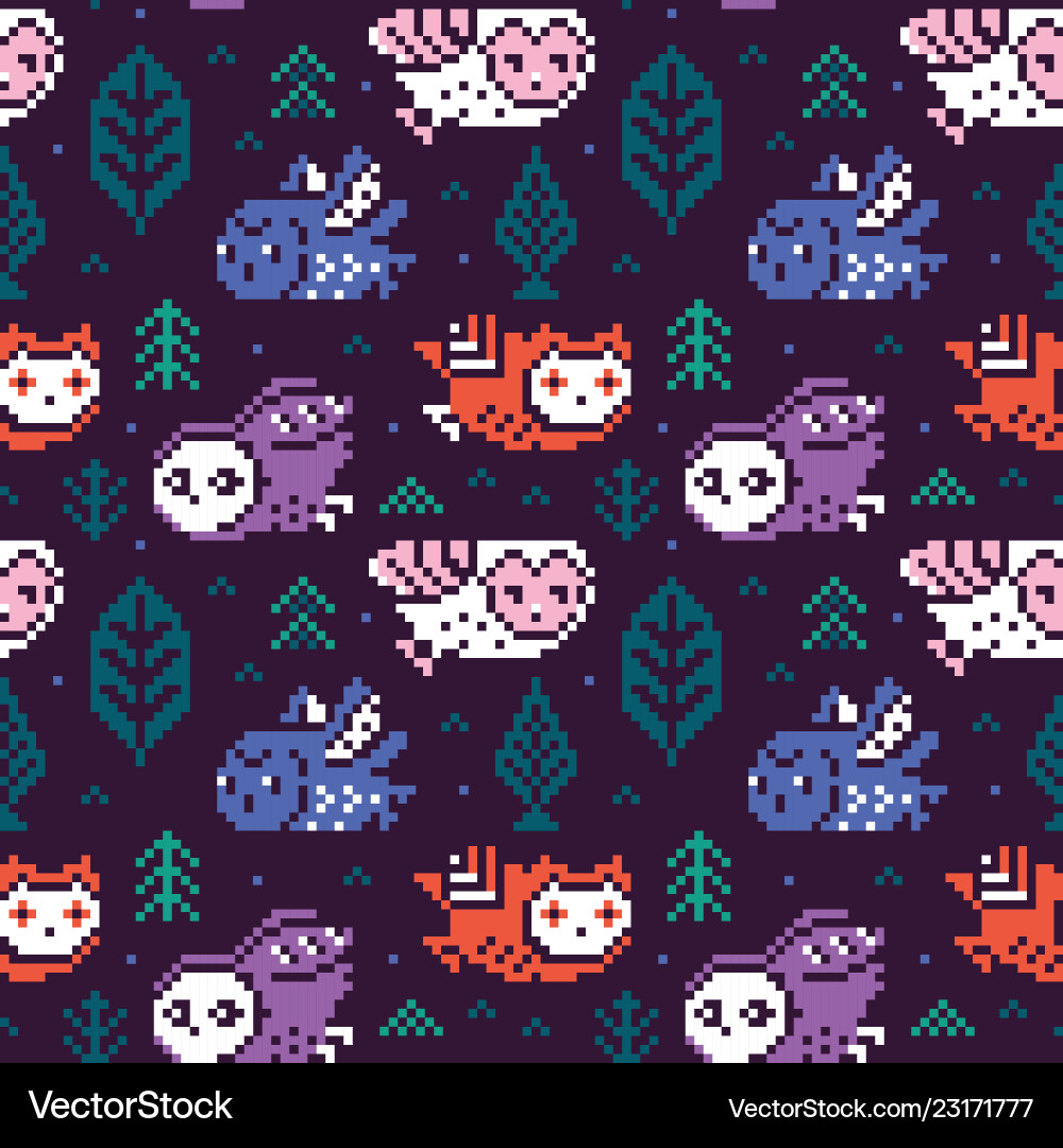 Pixel Owls & Trees Pattern Vector Image