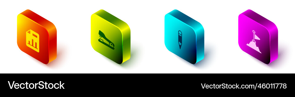 Set isometric document with graph chart stapler Vector Image