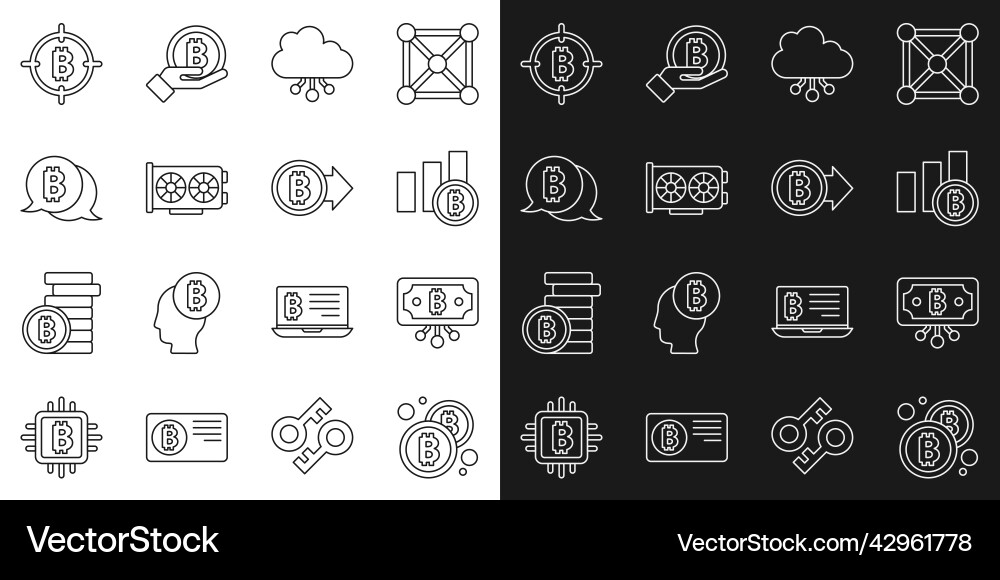 Set line bitcoin with circuit pie chart Set line bitcoin with circuit pie chart vector image