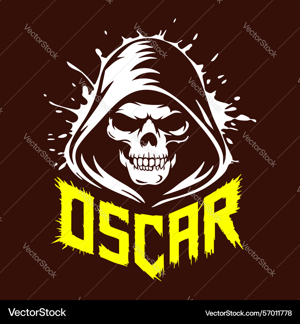 White skull in hood with yellow oscar text White skull in hood with yellow oscar text Vector Image