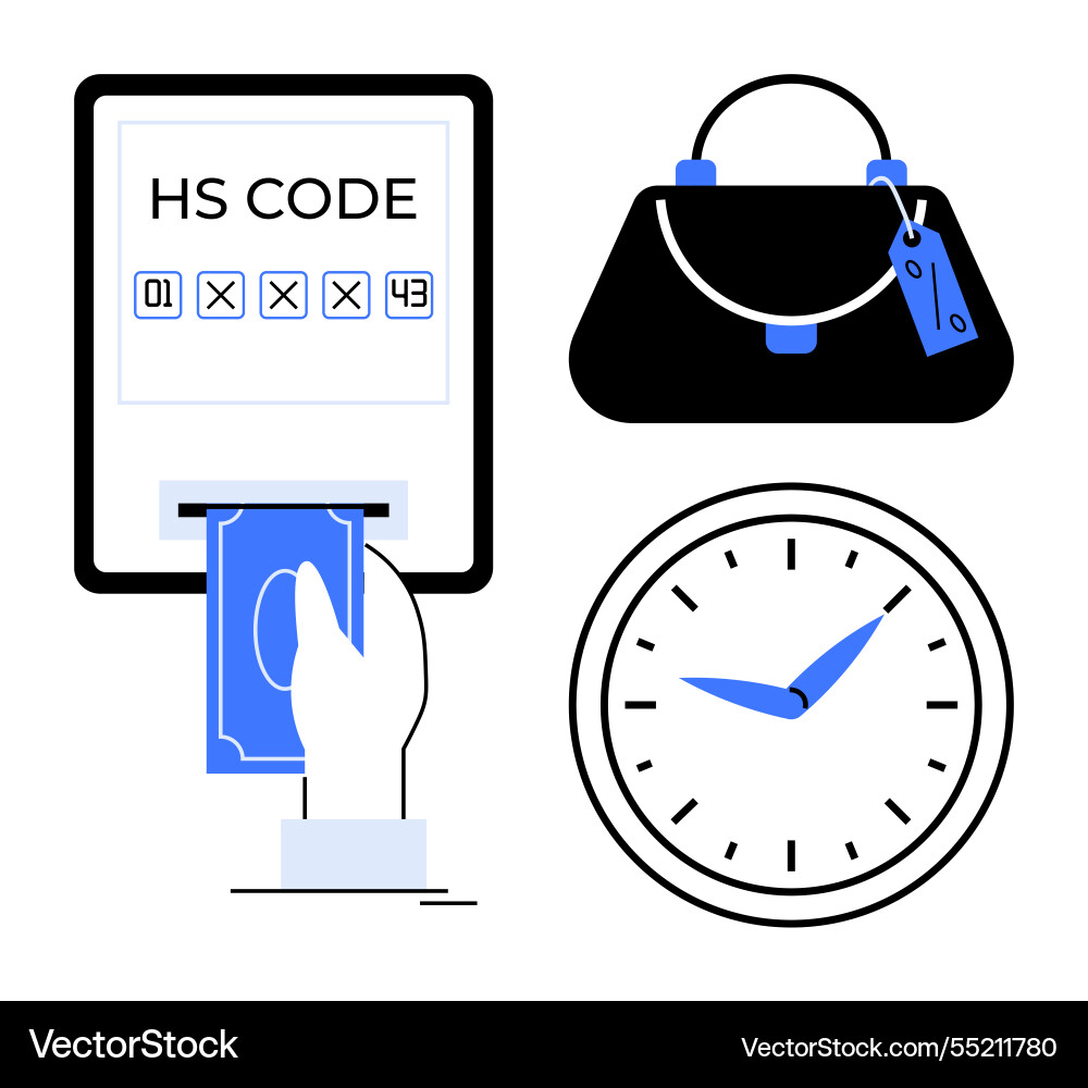 Hand entering code handbag with tag and clock Hand entering code handbag with tag and clock vector image