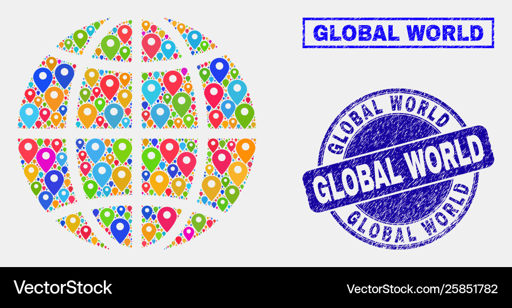 Map pointers mosaic planet globe and scratched Map pointers mosaic planet globe and scratched Vector Image