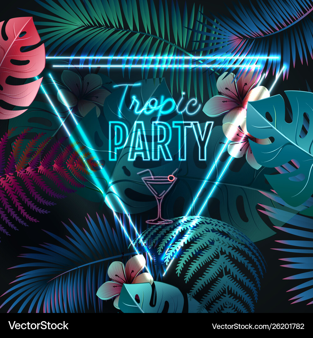 Neon Schild Tropenparty im Hintergrund Neon Schild Tropenparty im Hintergrund vektorbild