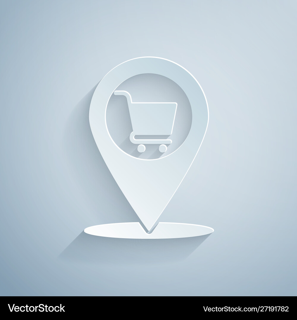 Paper cut map pointer with shopping cart icon Paper cut map pointer with shopping cart icon Vector Image